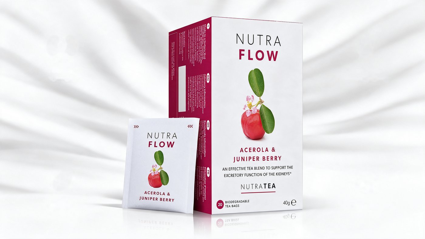 Förpackning och påse med NutraFlow örtte med acerola och enbär
